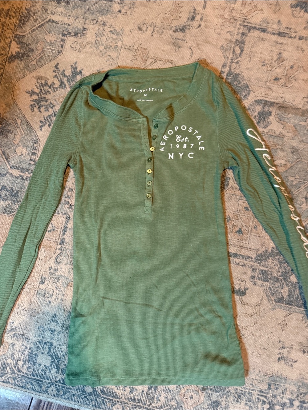 Aeropostale Green Long-Sleeve Henley Tee with Logo Sleeve Script